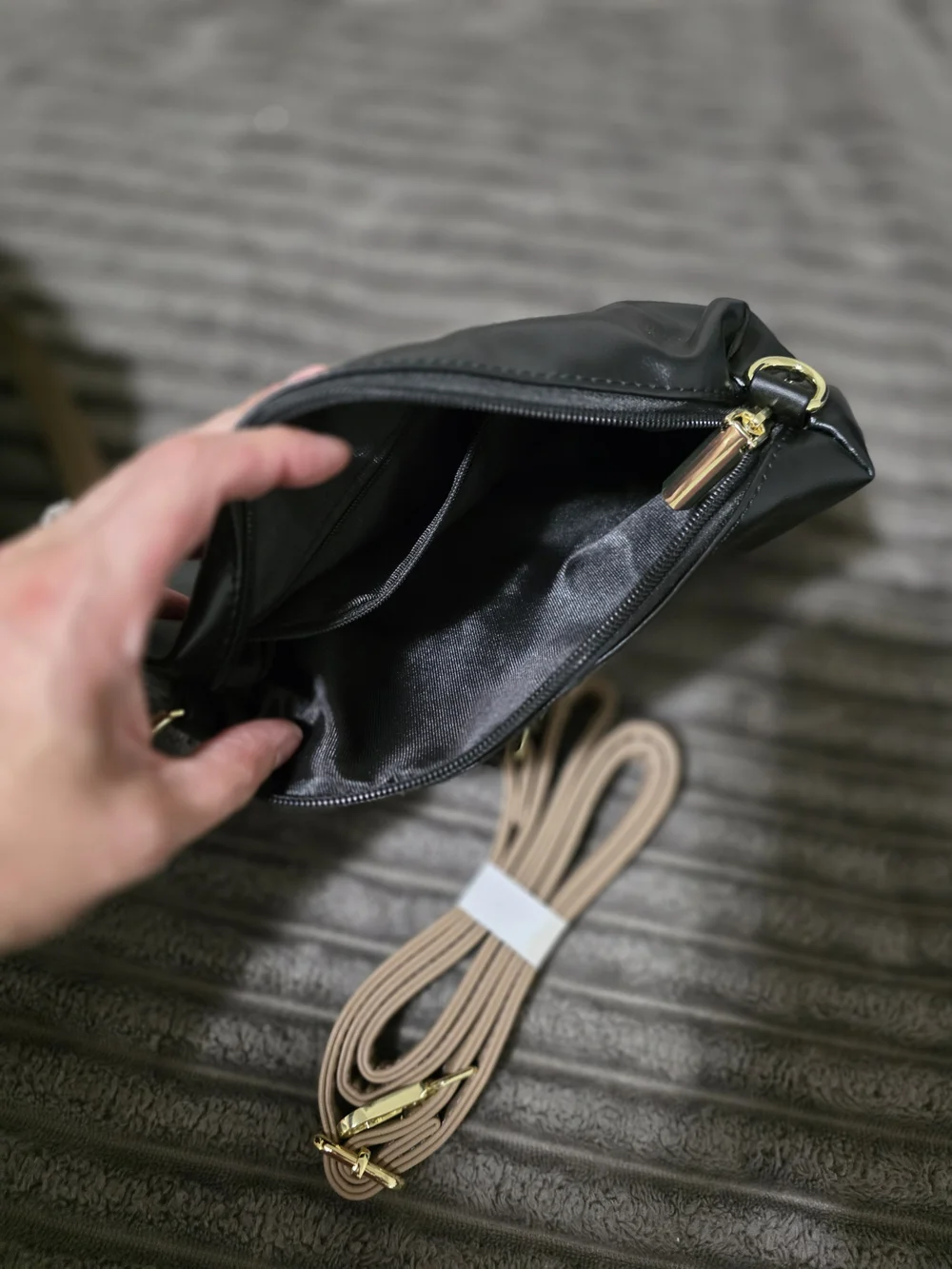 Black Tote Handbag with Beige Straps